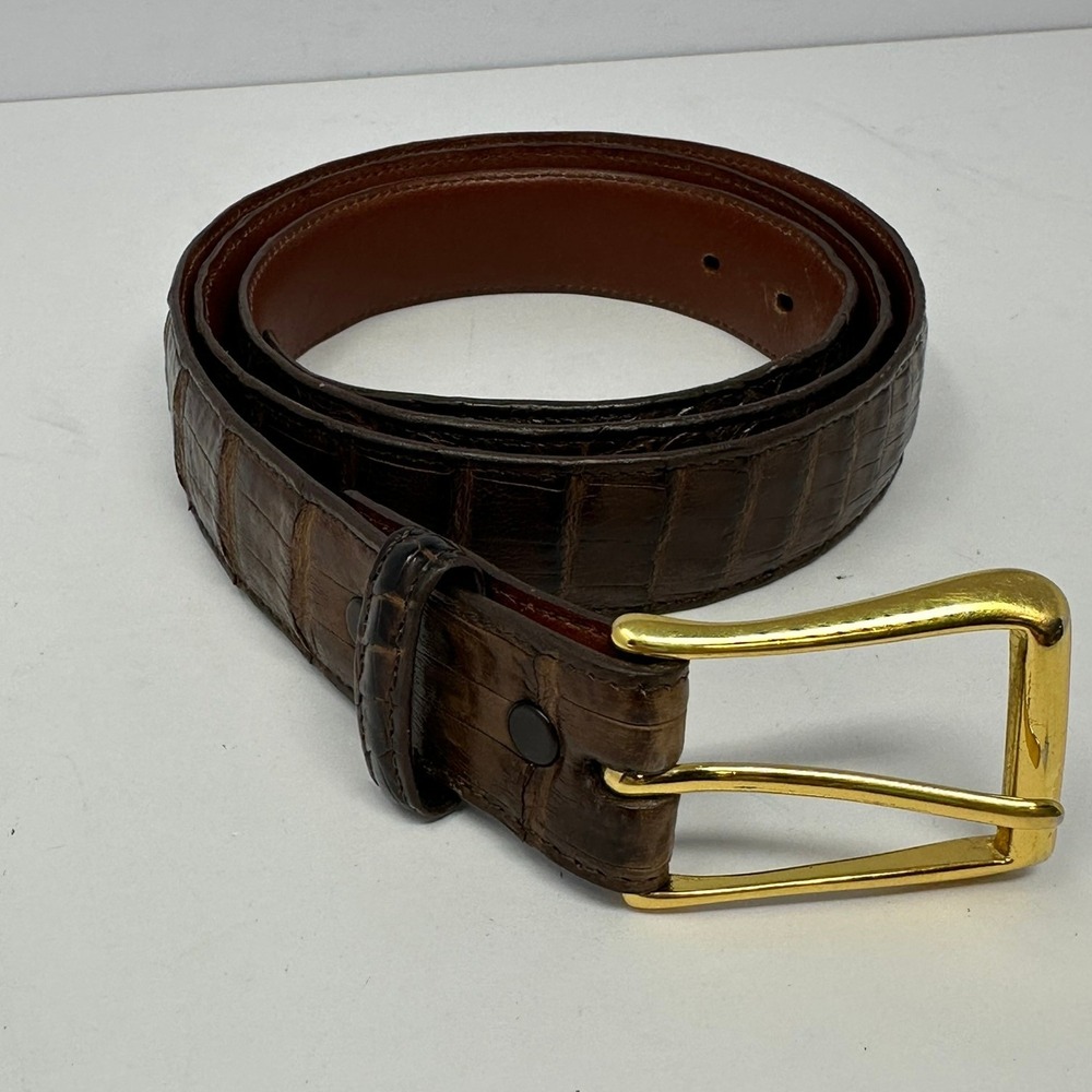 Torino Mens Brown South American Crocodile Leather Belt Gold Buckle Size 42 USA